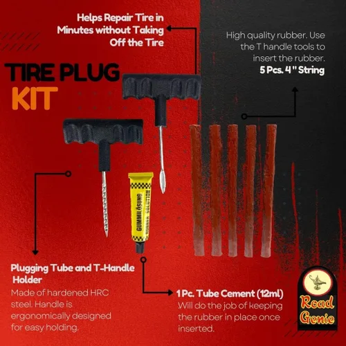 Vista 4 de Kit de reparación de neumáticos sin cámara Enchufe y escariador con mango en T Tapones de 4 pulgadas y cemento de 0.42 oz Resistente