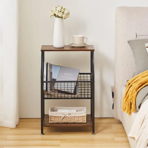 Vista 7 de VECELO Mesita de noche de 3 niveles con soporte para revistas en forma de V, mesita de noche pequeña con estante de almacenamiento abierto para sala