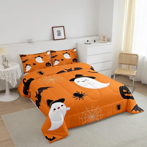 Vista 4 de Erosebridal Juego de edredón divertido de Halloween para niños, juego de ropa de cama de calabaza fantasma, decoración de Halloween para niños