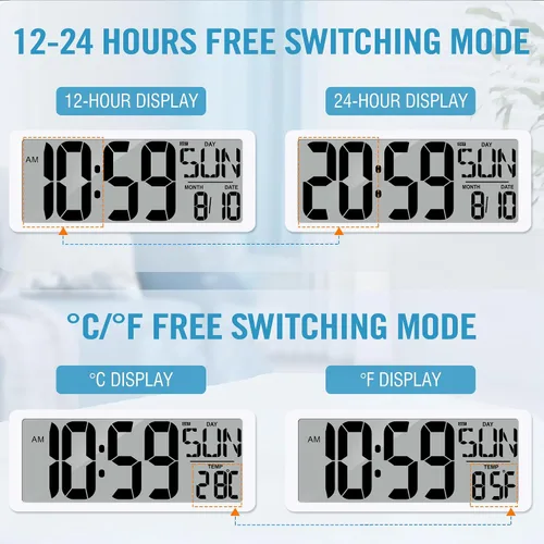 Vista 4 de Reloj de pared digital grande de 15 pulgadas con temporizador, pantalla de 8 idiomas para días de semana, temperatura y fecha, 3 alarmas