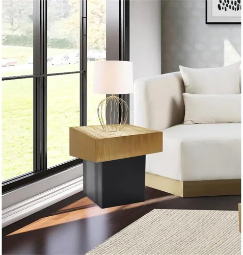 Vista 2 de Meridian Furniture Colección Palladium Modern Mesa auxiliar superior texturizada contemporánea con base de metal negro mate, 18 pulgadas de ancho