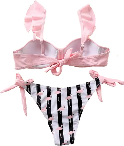 Vista 3 de Lilosy Lindo flamenco rayas lazo lateral volante correa anudada frente bikini traje de baño conjunto mujeres lazo espalda traje de baño