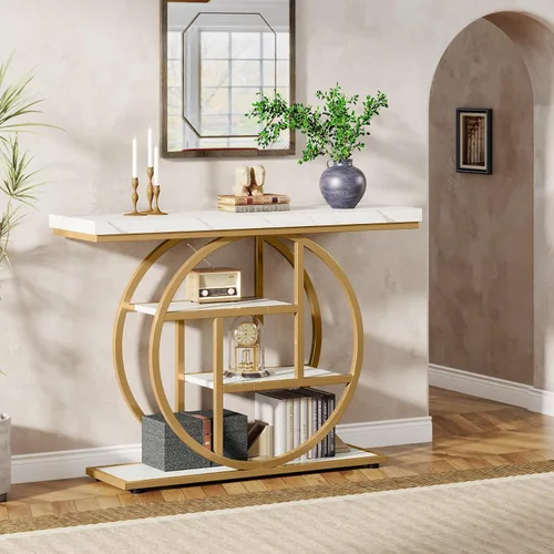 Vista 6 de Tribesigns Mesa de Consola de 41.3 pulgadas, Mesa Industrial de 4 Niveles para Sofá de Entrada con Base Circular, Mesas Decorativas de Madera Oro