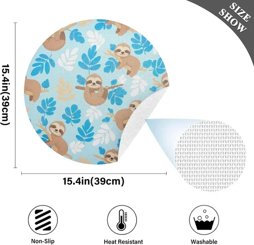 Vista 4 de Cute Cartoon Sloths Blue Round Table Placemats, Heat Resistant Non Slip Placemats Round for Kitchen one sizex1