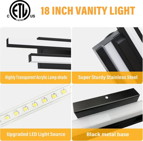 Vista 7 de Barra de luz LED para tocador de baño de 18 pulgadas, accesorio de iluminación sobre espejo de 18 W, 5000 K, barra de luz negra para tocador