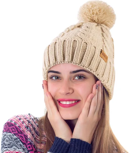 Vista 2 de REDESS Gorro de invierno con pompón para mujer con forro polar cálido, gorro de esquí grueso y holgado de punto de nieve
