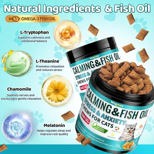 Vista 4 de Wagmee Golosinas calmantes para gatos, 500 masticables crujientes y cremosos para gatos con melatonina, manzanilla para aliviar el estrés