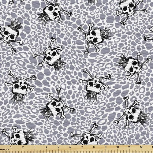 Vista 82 de Ambesonne The Yard, tela de calavera colorida con temática de Halloween, diseño de calavera y huesos cruzados, divertido estampado de dibujos