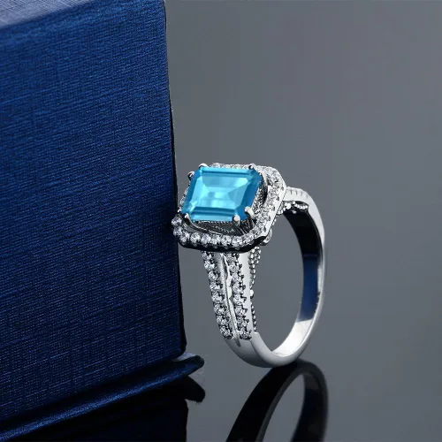 Vista 5 de Gem Stone King Anillo de compromiso de plata de ley 925 con topacio azul suizo para mujer