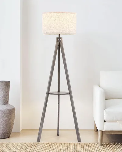Vista 8 de ELYONA Lámpara de pie con trípode de madera estilo granja con mesa, lámpara de pie de lectura moderna con 3 temperaturas de color, bombilla LED