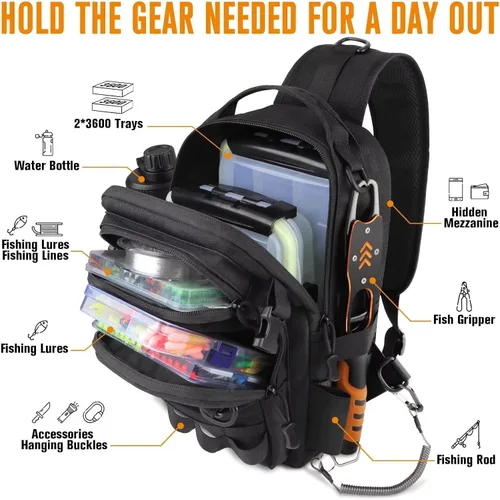 Vista 3 de Dovesun Mochila de pesca pequeña con cajas de aparejos, bolsa de pesca con parches bordados de bricolaje, bolsa de aparejos de regalo para hombres