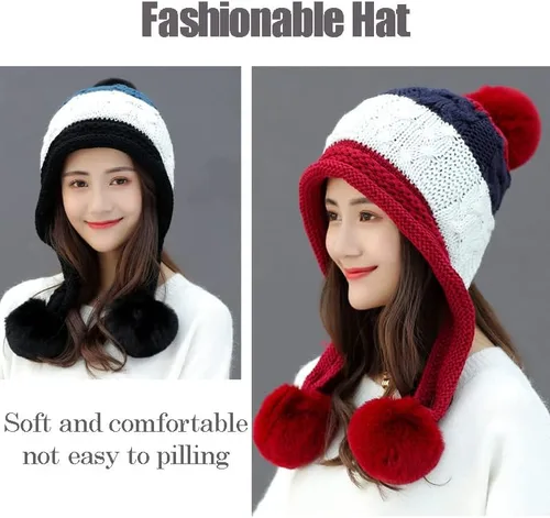 Vista 8 de FSIGOM Gorros de punto gruesos de invierno para mujer versión coreana grande con pompones de piel orejeras cálidas de lana con protección