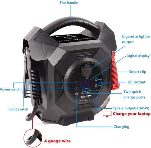 Vista 3 de Arrancador de batería de 80000 mAh – Arrancador de salto de 12/24 V con 4 clips de alambre de calibre, 10000 A reforzador de autobús de camión