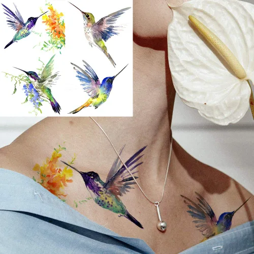 Vista 7 de 15 hojas de tatuajes temporales de colibrí de acuarela 3D de FANRUI para mujeres y niñas, pequeño, multicolor, colibrí, tatuaje, temporal, colorido