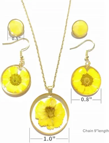 Vista 8 de Conjunto de regalo de joyería de plata esterlina con flor prensada hecha a mano para mujer 3 en 1 Daisy