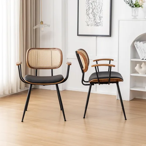 Vista 4 de Juego de 2 sillas de comedor de ratán, sillas auxiliares de cocina modernas de mediados de siglo, sillas de escritorio con patas de metal, sillas
