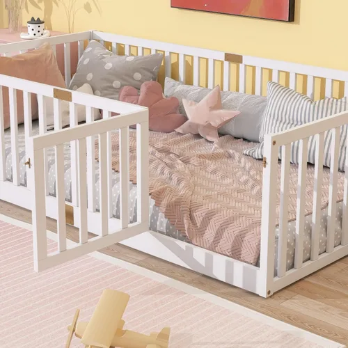 Vista 4 de Cama Montessori de madera tamaño matrimonial con valla de alta Blanco (White F)
