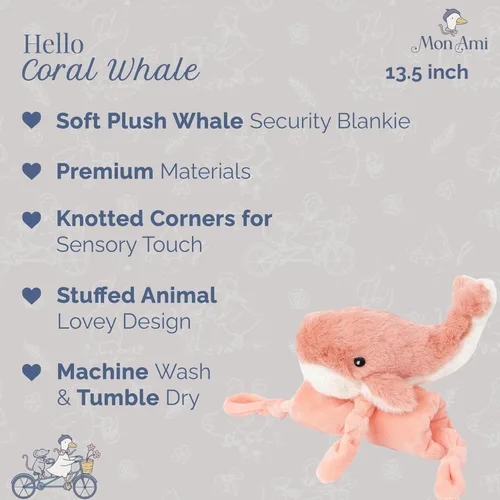 Vista 2 de MON AMI Peluche de ballena coral para bebés, manta de seguridad anudada de 13.5 pulgadas, juguete de felpa suave para bebés, perfecto esencial