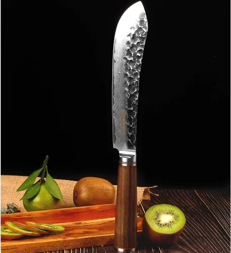 Vista 8 de YOUSUNLONG Cuchillo de carnicero japonés martillado de acero de Damasco de 8 pulgadas, mango de madera de nogal natural