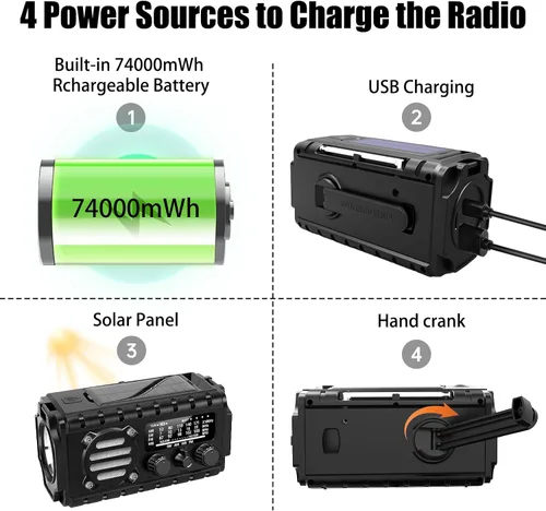 Vista 7 de Radio de emergencia con manivela de 20000 mAh, radio meteorológica SW/NOAA/AM/FM, cargador de manivela alimentado por energía solar con batería