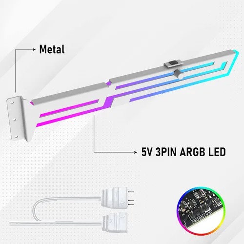 Vista 2 de Soporte de GPU RGB, soporte de soporte de GPU, soporte de GPU direccionable de 5V 3Pin, ARGB integrado, longitud y altura ajustables (blanco)