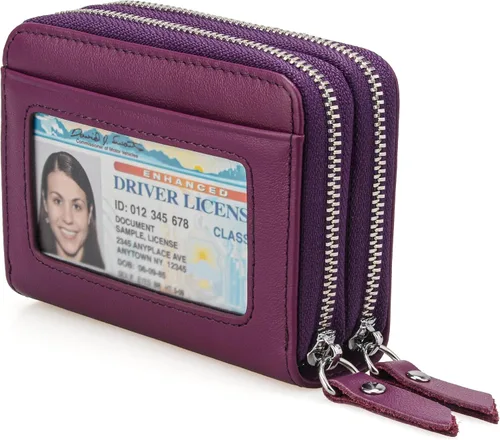 Vista 9 de KM Legend Cartera para mujer, delgada, con bloqueo RFID, tarjetero con ventana de identificación, monederos compactos con doble cremallera