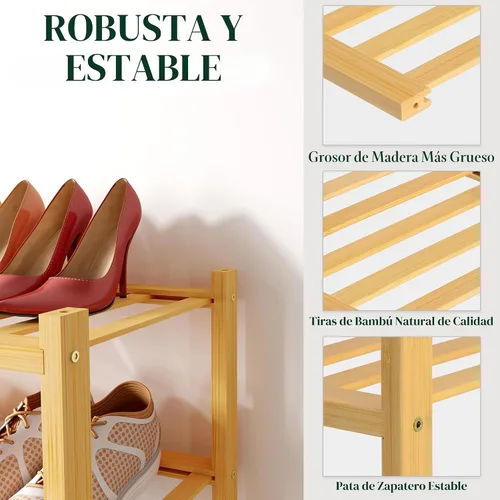 Vista 3 de Smiry Zapatero de bambú para armario, organizador de zapatos apilable de 3 niveles, estante de almacenamiento de zapatos independiente para entrada