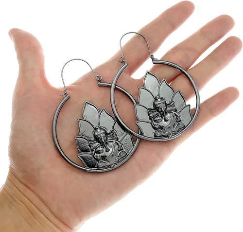 Vista 3 de RechicGu Ethnic Bali Jhumka Jhumki Lotus Mexico Gypsy - Aretes colgantes tradicionales con caja de regalo (elefante negro), Metal Concha