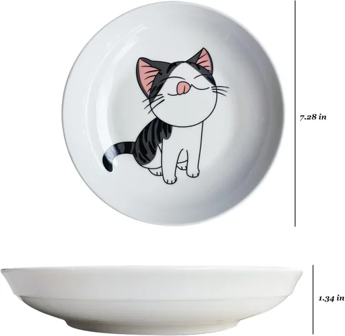 Vista 2 de Juego de 5 platos de cerámica con bonito diseño de gato, platos llanos grandes de porcelana para ensalada de postre de 7.28 pulgadas, platos