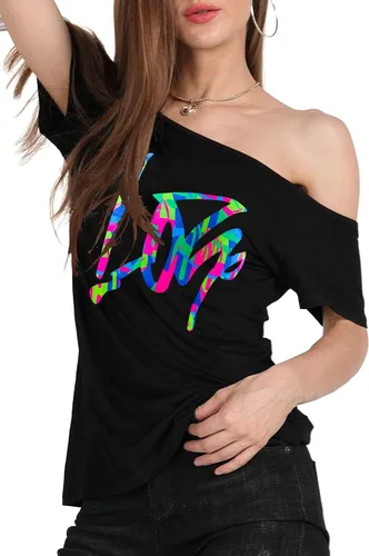 Vista 4 de MAGICMK - Camiseta casual para mujer, con estampado de labios y hombro descubierto, talla extragrande