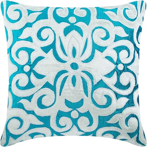 Vista 34 de The HomeCentric Funda de cojín para sofá, 12 x 12 pulgadas, funda de almohada decorativa cuadrada de lino azul claro con zardozi y cuentas bordadas