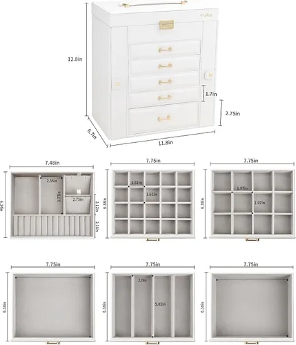Vista 3 de V-LAFUY Joyero grande para mujer, organizador y almacenamiento de joyas, caja de joyería grande con espejo, color blanco