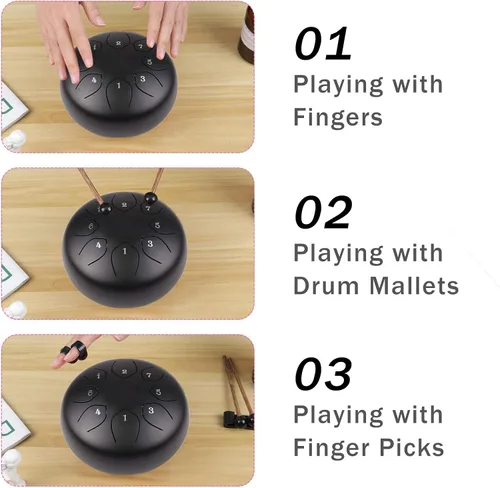 Vista 6 de Tambor de lengua de acero para niños: juego de tambores musicales de metal de 6 pulgadas, 8 notas, tecla C para meditación, yoga, educación