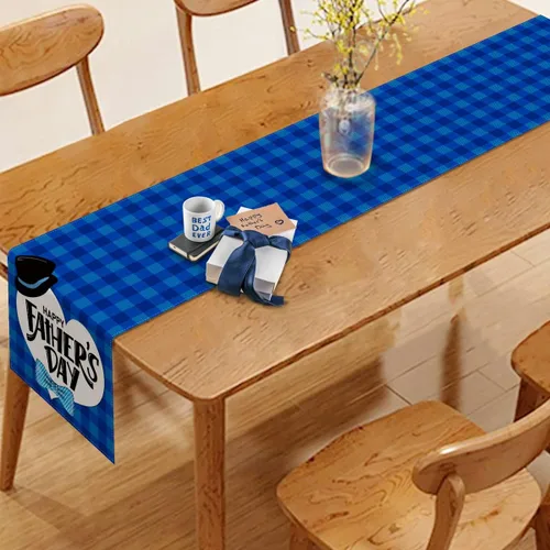 Vista 5 de Vohado Camino de mesa para el día del padre, diseño de búfalo azul a cuadros Best Dad Ever para interiores y exteriores, decoración de fiesta