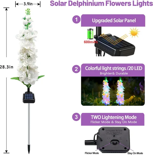 Vista 2 de MRHEPHAESTUS Luces solares de jardín, flores de delfinio 2 unidades 40 LEDs, luces impermeables para exteriores, dos modos de iluminación