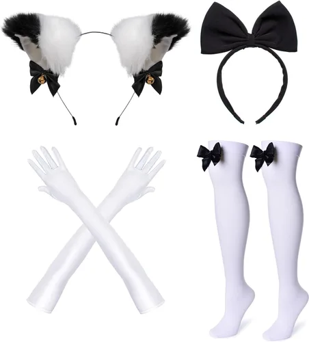 Vista 6 de Wannsee Juego de 6 piezas de delantal de sirvienta francesa de Lolita de anime japonés, para disfraz, cosplay, guantes y calcetines, negro