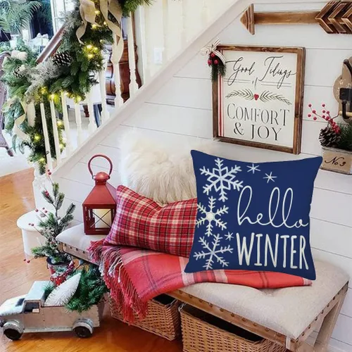 Vista 2 de Hello Winter - Funda de almohada de 16 x 16 pulgadas, diseño de copo de nieve azul y blanco, decoración de Navidad, decoración de casa de campo