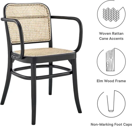 Vista 8 de Modway Winona - Silla de comedor de madera de olmo con asiento de ratán de caña en color negro, 21 x 22,5 x 32