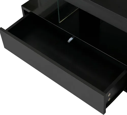 Vista 7 de JIJIWANG Mesa de centro moderna LED para sala de estar, mesa central de madera de alto brillo de 2 niveles con 2 cajones y estantes de exhibición