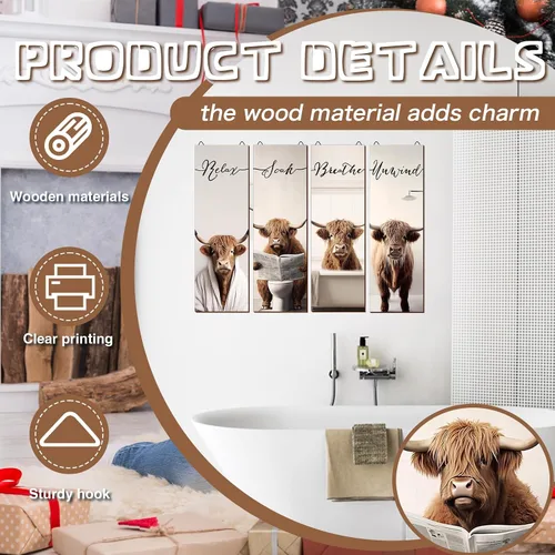 Vista 4 de Letrero de madera para decoración de baño de vaca de las montañas, 4 piezas, diseño de vaca rústica para colgar en casa, cuarto de servicio