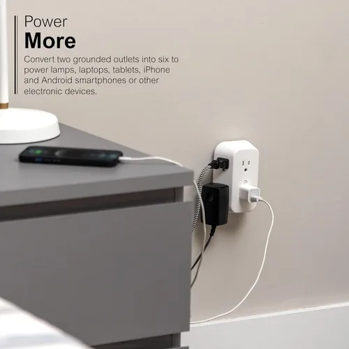 Vista 5 de GE Extensor de salida, divisor de alimentación de pared de 6 enchufes múltiples Blanco