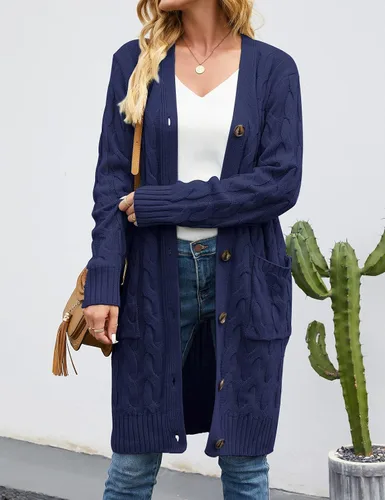 Vista 3 de MEROKEETY - Cárdigan largo de punto trenzado para mujer, suéter tejido de manga larga, abierto por delante y con botones, ropa para exteriores
