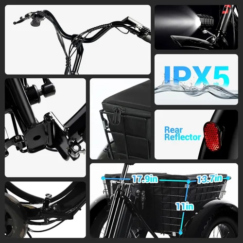 Vista 8 de Geemax - Triciclo eléctrico para adultos, 20 pulgadas x 4.0 con neumáticos de grasa, pico de 500 W, 15 MPH, 36 V, 13 Ah, batería de litio