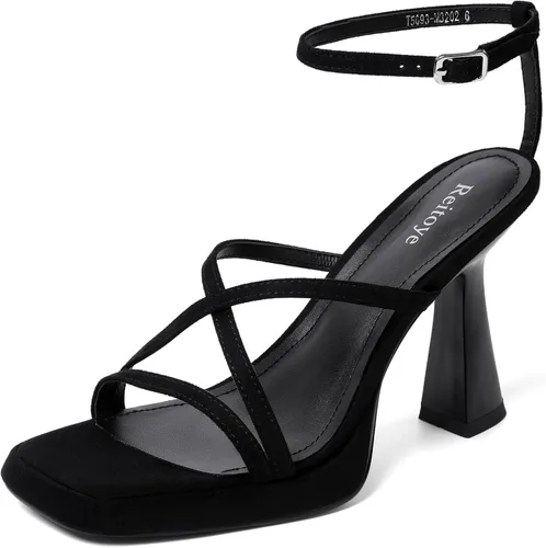 Vista 11 de Reitoye Tacones de tiras para mujer, con plataforma, tacones altos y gruesos, sandalias de tacón cuadrado con puntera abierta, correa de tobillo