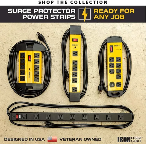 Vista 8 de Iron Forge Cable Regleta de protección contra sobretensiones resistente de 9 salidas con disyuntor integrado, 14/3 SJT negro y amarillo con cable