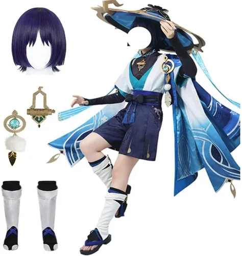 Vista 7 de Scaramouche - Disfraz de Kunikuzushi Wanderer, traje kimono, uniforme azul para Halloween para hombre