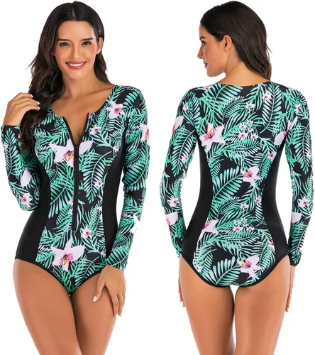 Vista 2 de LafyKoly Traje de baño de una pieza de manga larga para mujer, con protección UV, estampado de surf