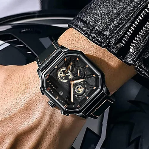 Vista 4 de BY BENYAR AKNIGHT Men's Square Watches with Black Leather Strap, Chronograph Function, Stylish Business Watch, Waterproof Luminous Casual Wrist
