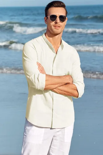 Vista 2 de Makkrom Men's Casual Button Down Cotton Linen Shirts Long Sleeve Band Collar Beach Shirt Top