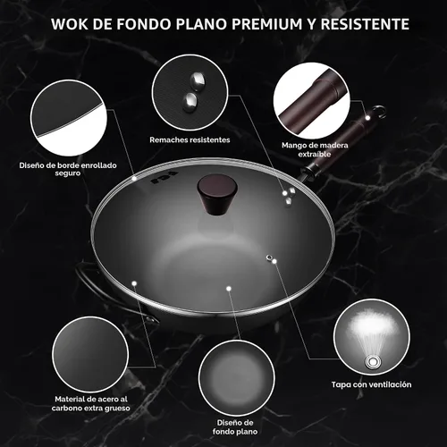 Vista 6 de FGJ Wok, wok de 13 pulgadas de acero al carbono con vaporera y sartenes para saltear sin adherencia, woks chinos pre-curados de 5.8QT de fondo plano
